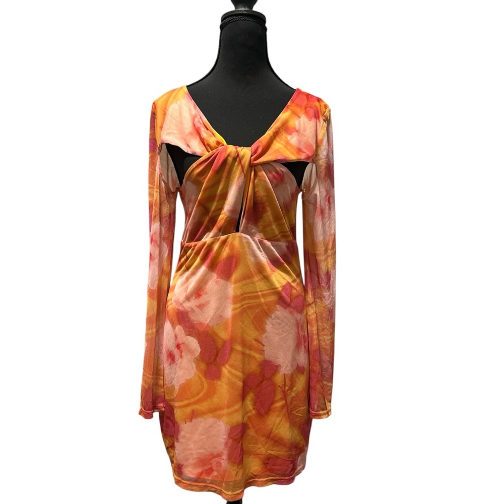 Floral Long Sleeve Dress in Orange and Pink